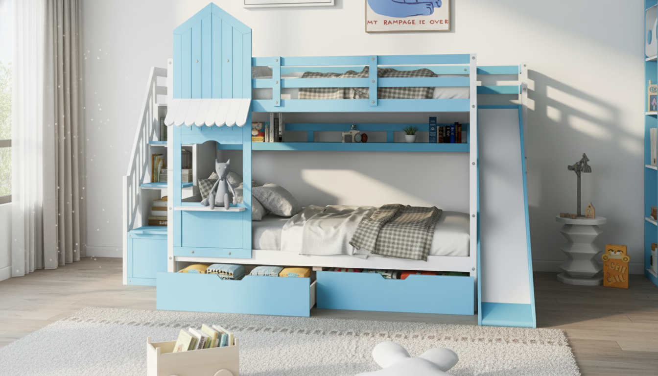 Castle Full-Over-Full Bunk Bed: Slide, Stairs, Storage