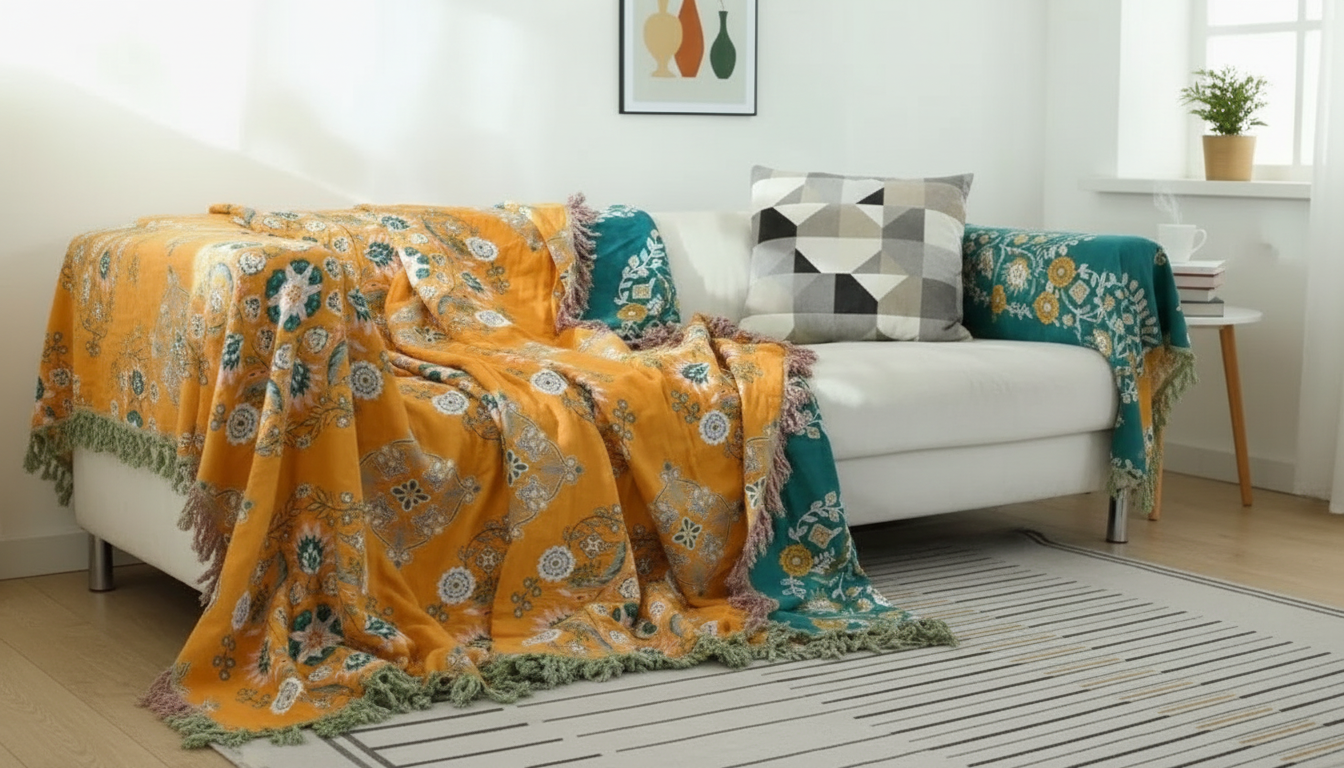 Floral Cotton Gauze Throw with Tassels for Sofas