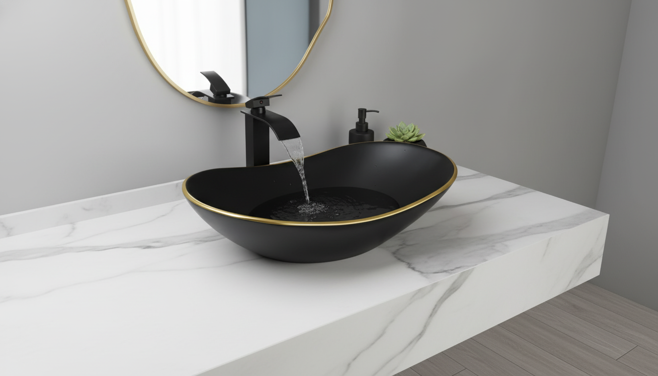 Oval Ceramic Vessel Sink Set: Matte Black Waterfall