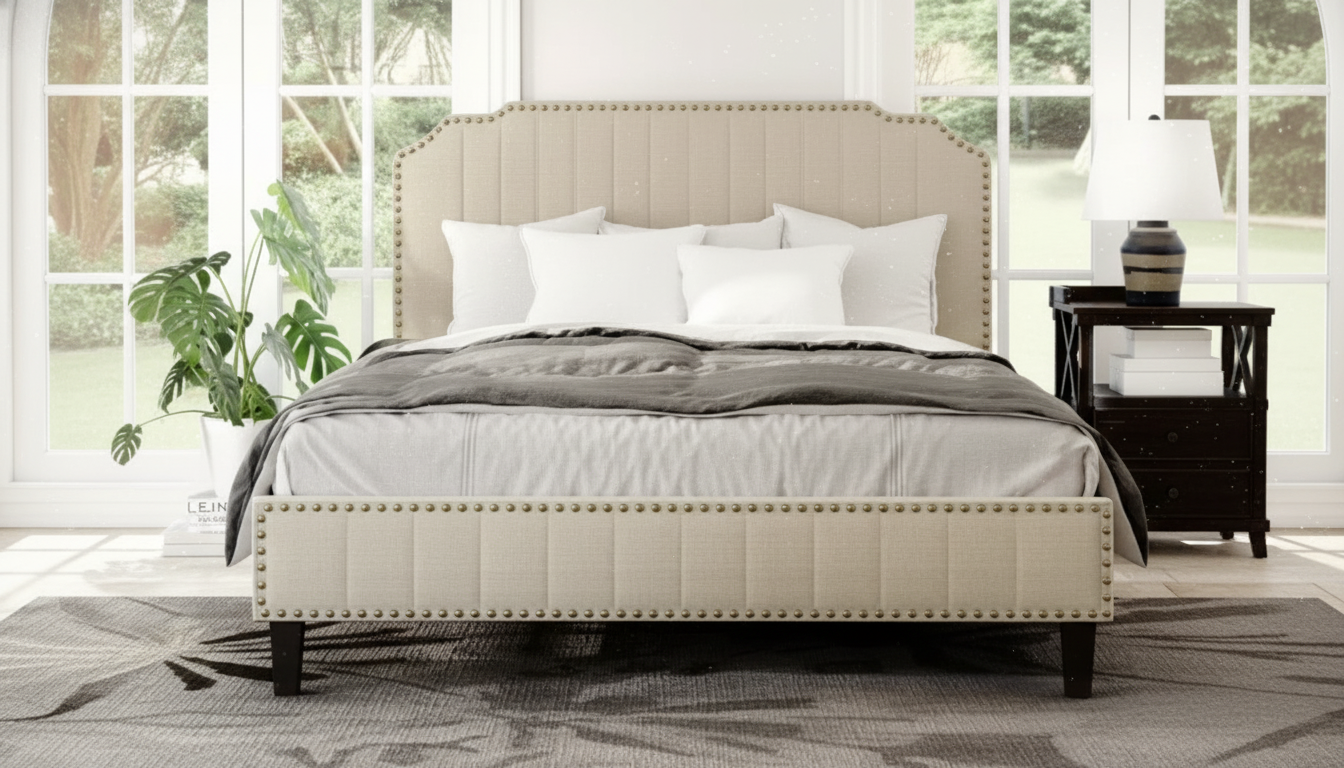 Linen Upholstered Platform Bed with Nailhead Trim Guide
