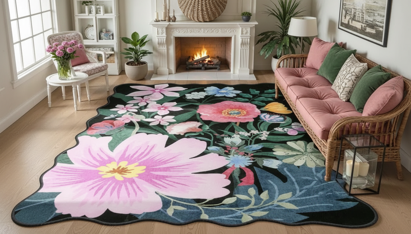 Black Floral Shaped Washable Rug: Style Meets Easy Care